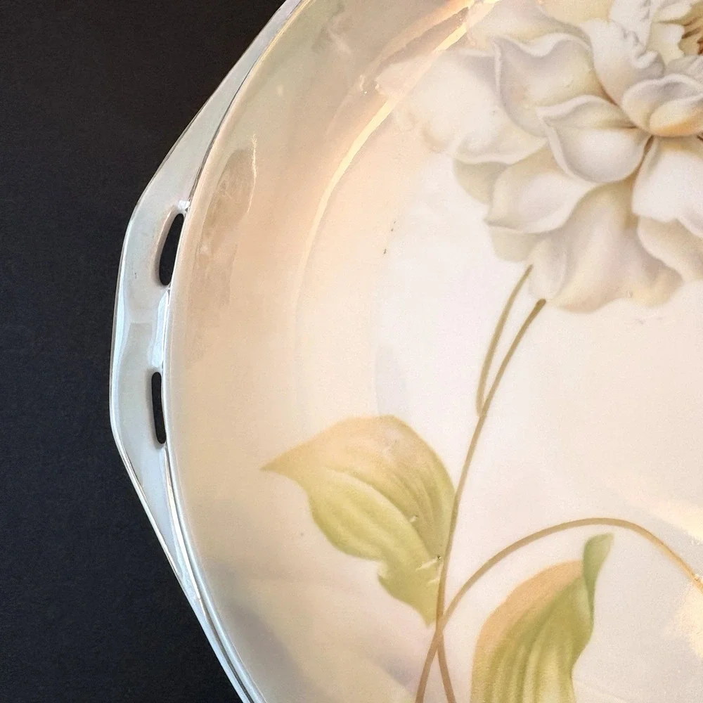 Antique RS Germany Floral Cake Plate‎ Gold Trim Handles Luster Finish
